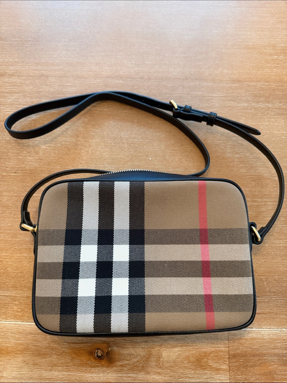 Burberry Classic Check Crossbody Camera Bag in Tan with Black & Red Accents - Picture 1 of 3